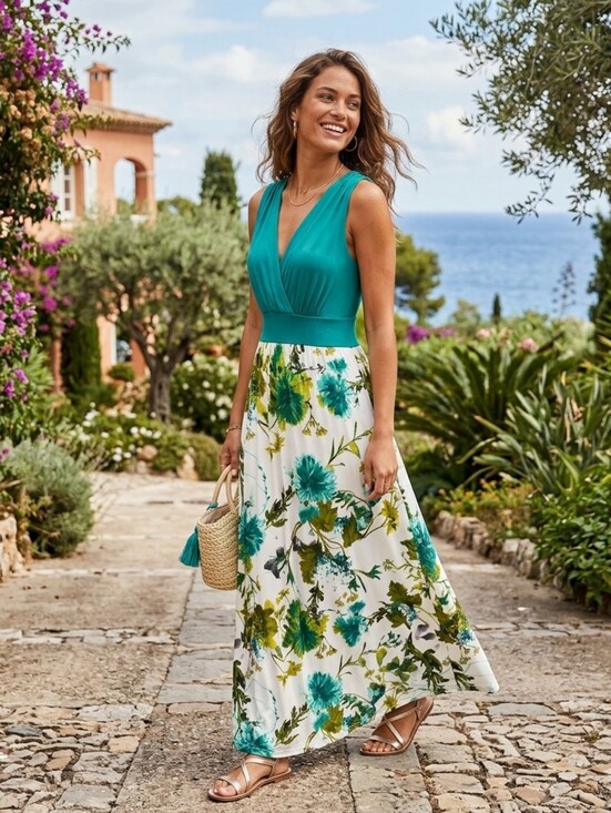 Gilli Dresses & Skirts - Gilli Teal & Floral Maxi Dress - Sleeveless V-Neck - Chic Beach Stunning - USA